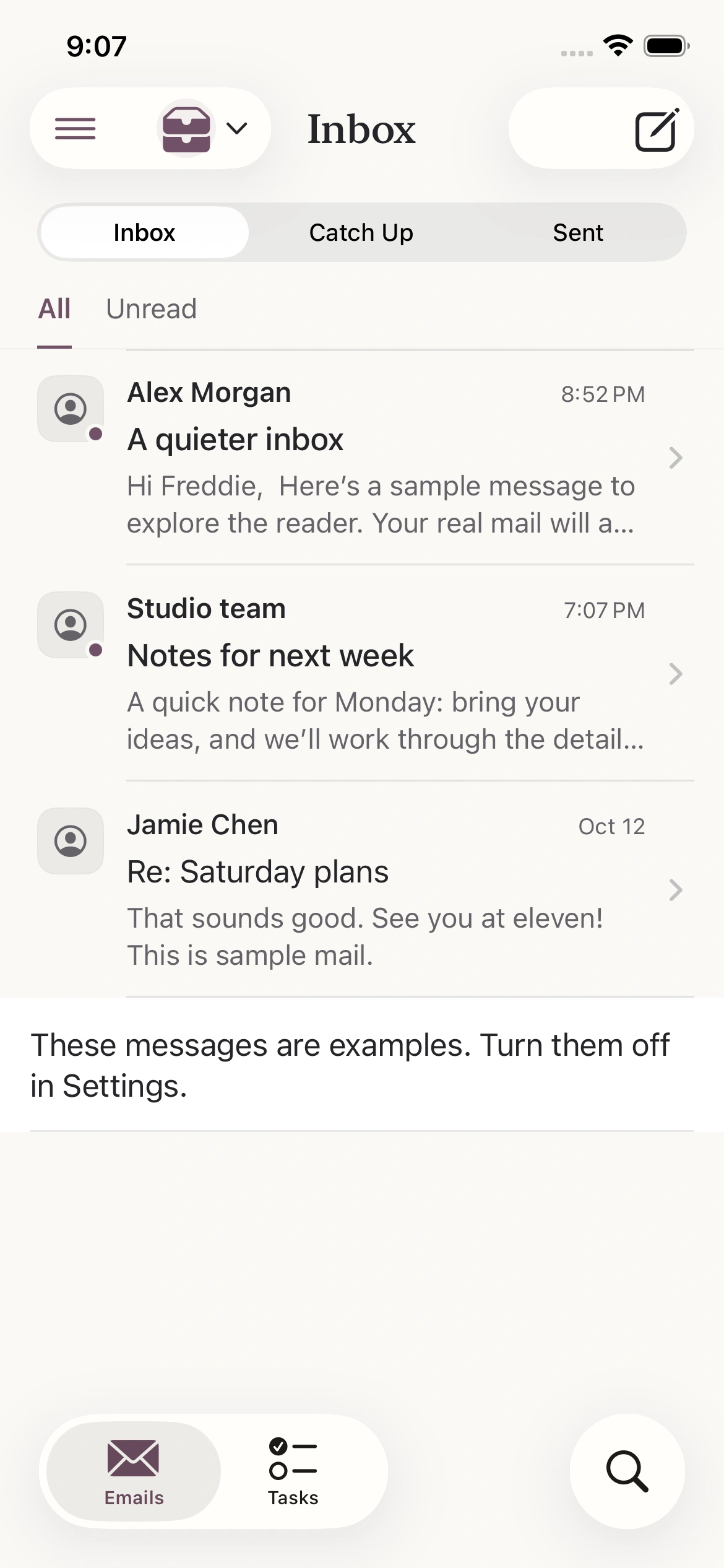 Dispatch inbox showing the app’s sample messages