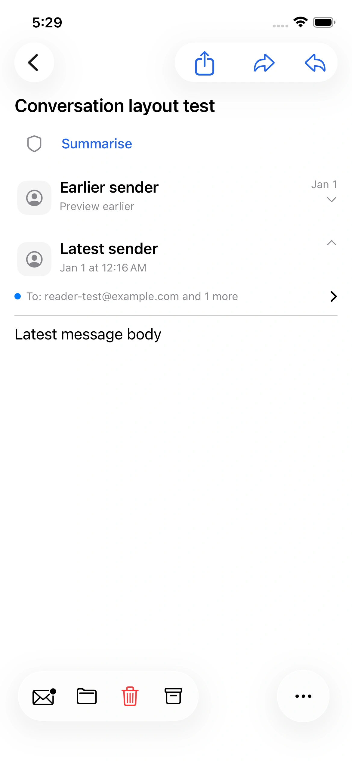 Dispatch conversation reader showing test messages