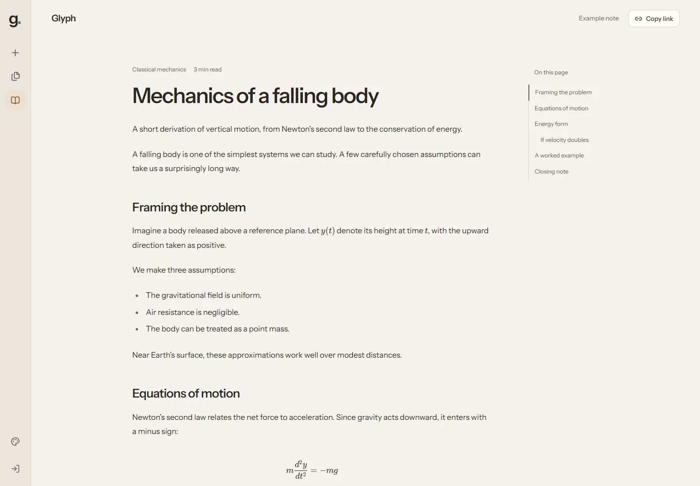 Glyph’s public reader displaying a mechanics note and mathematical equations