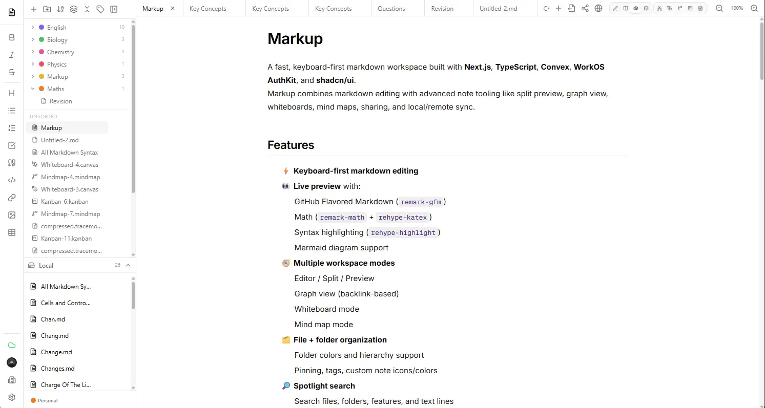 Markup note preview with subject folders and open document tabs