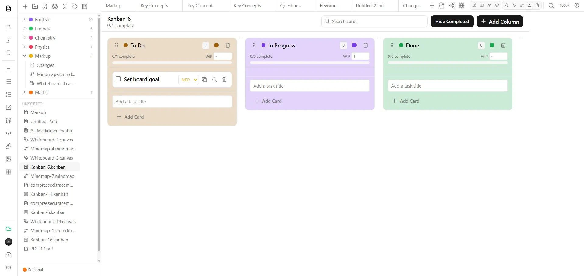 Markup Kanban board with To Do, In Progress and Done columns