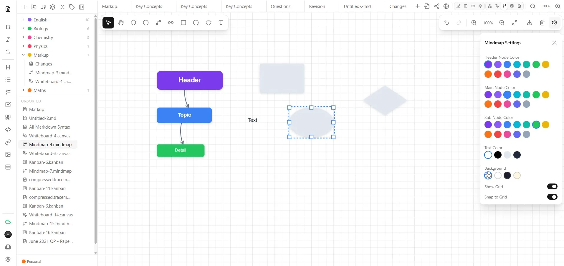 Markup mind map with connected Header, Topic and Detail nodes