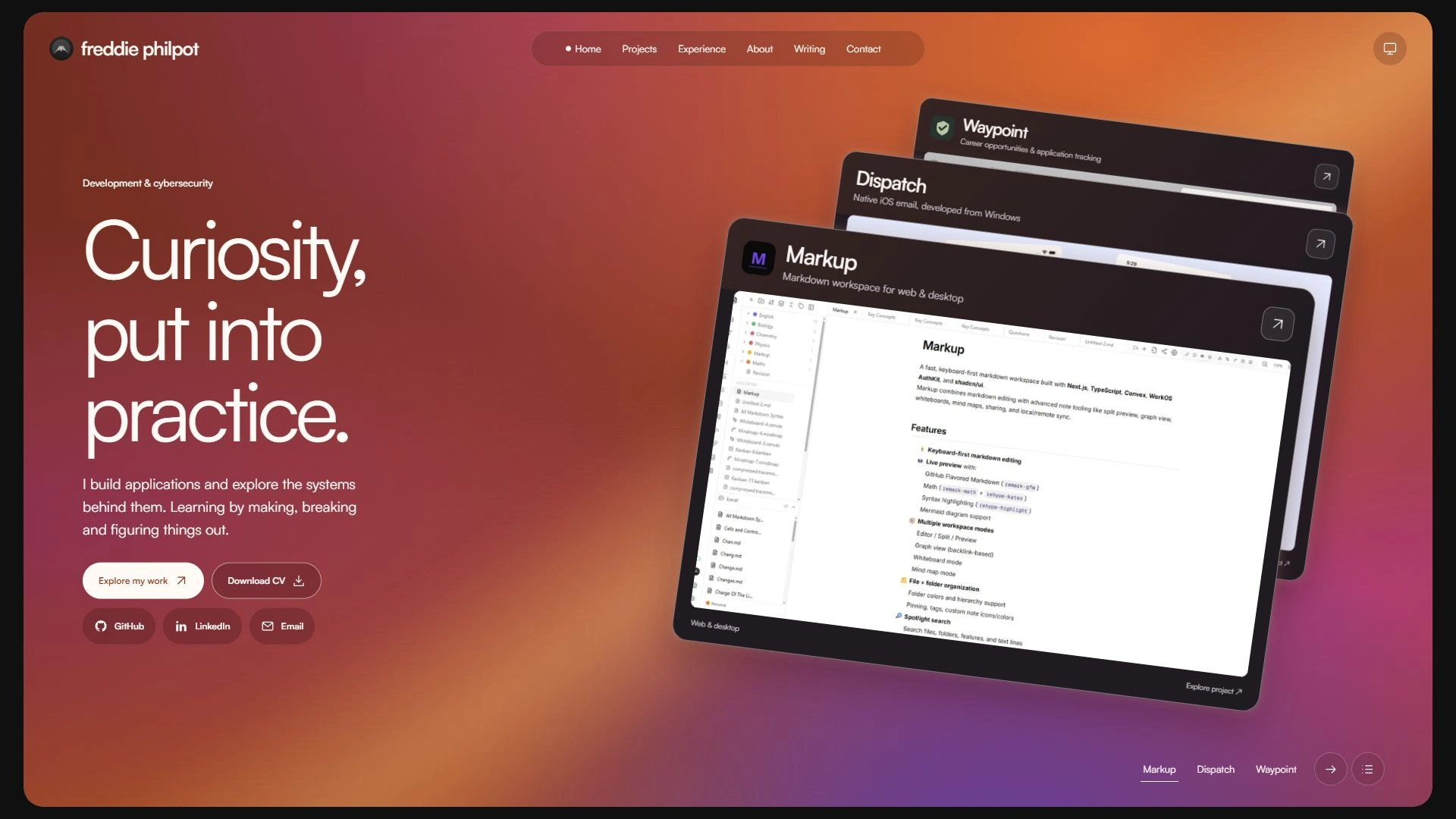 The portfolio home page with selected projects and links to my work