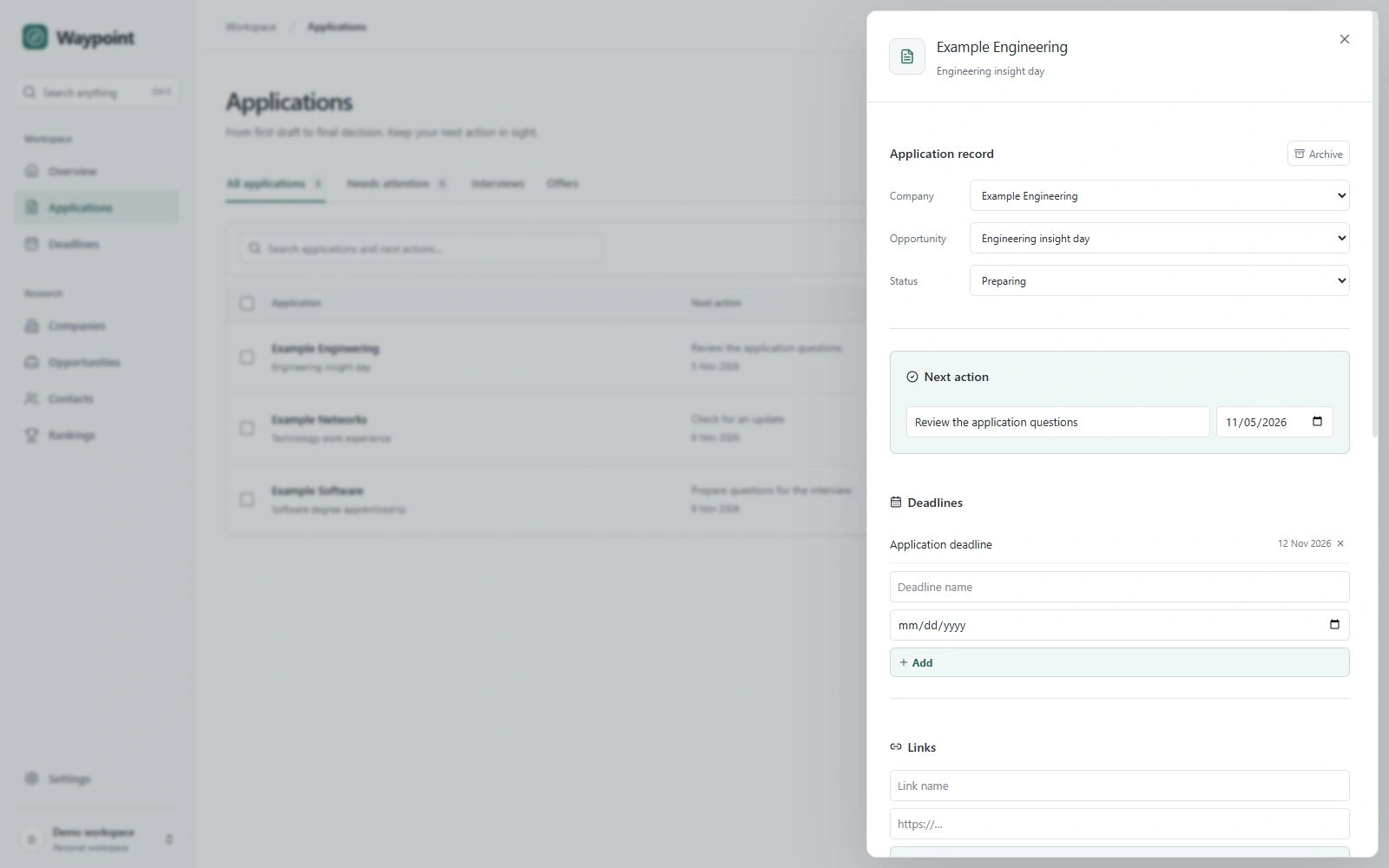 Waypoint’s application list and record editor, rendered with illustrative example records